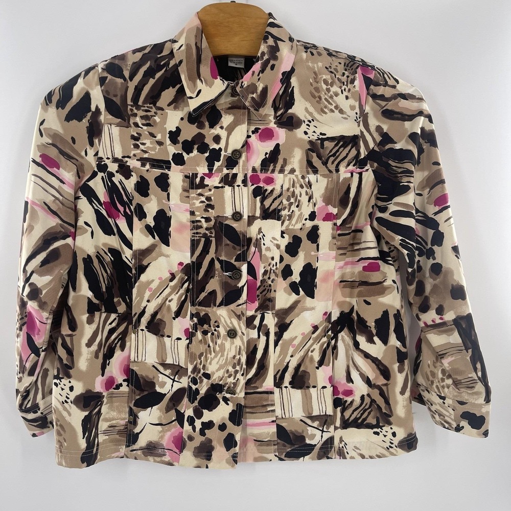Allison Daley Jacket Tan Brown Burgundy Floral Long Sleeve Womens Sz 16